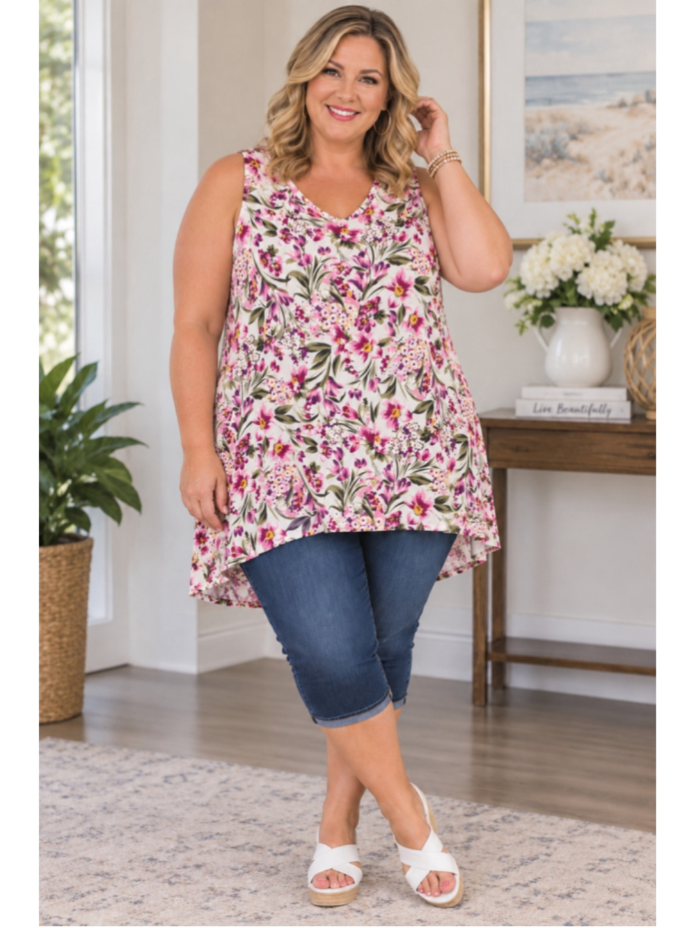 Lane Bryant Floral Swing White Pink Tank Top Women's Plus Size 26/28